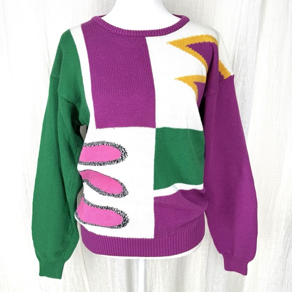 Tail Sweaters - Vintage 80s Intarsia Knit Sweater Womens M Retro Quirky Maximalist Dopamine Boxy